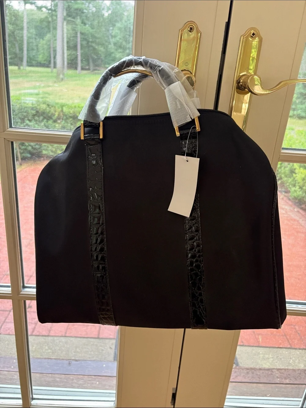 Black Structured Tote with Croc-Texture Straps